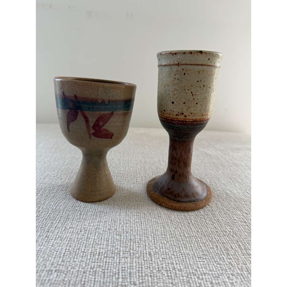 Vintage Stewartson Studio Art Pottery Wine Goblets Chalice Set of 2 MCM Signed